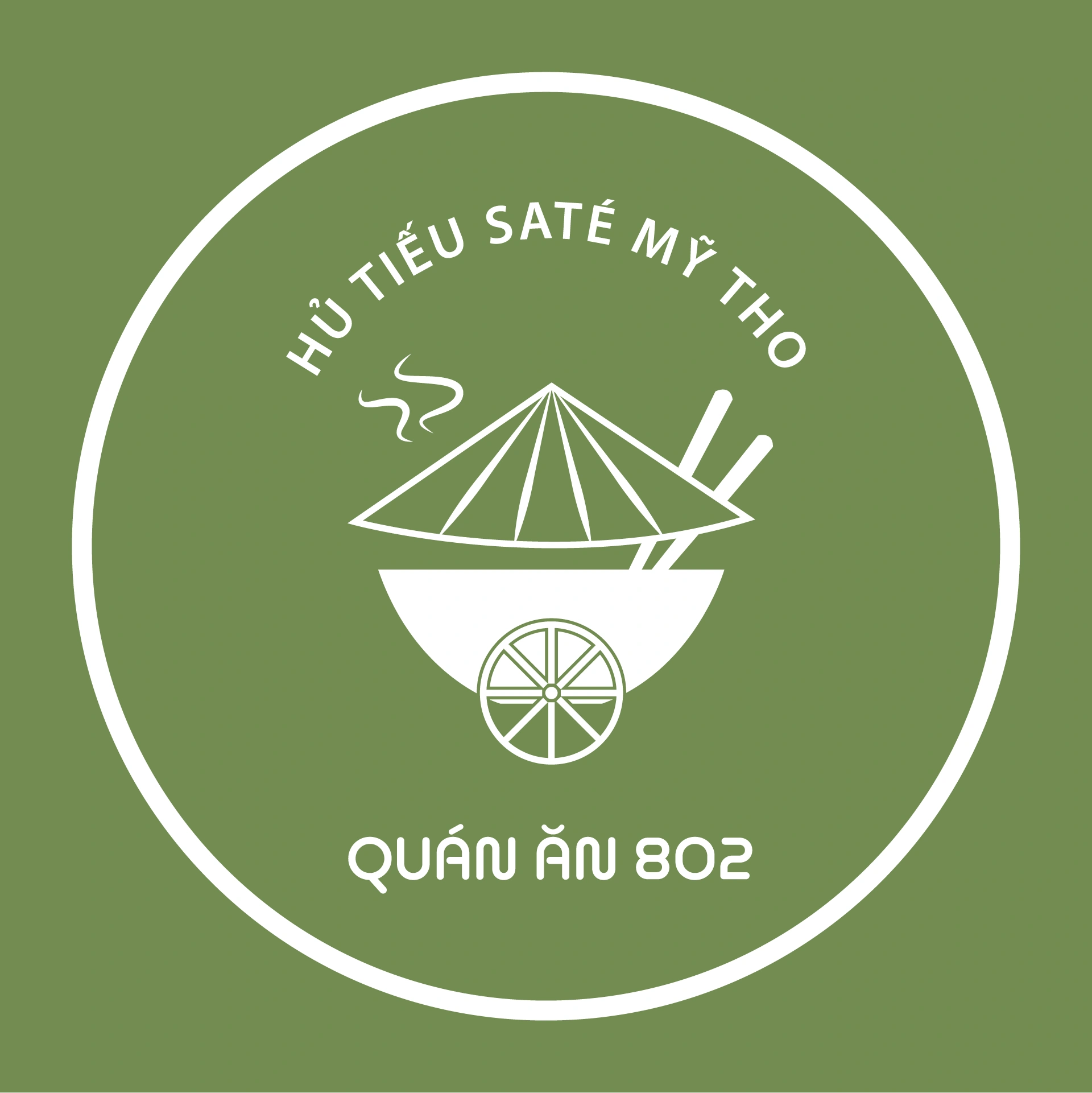 Circle logo mark for Quán Ăn 802 — hat-and-bowl illustration in olive green