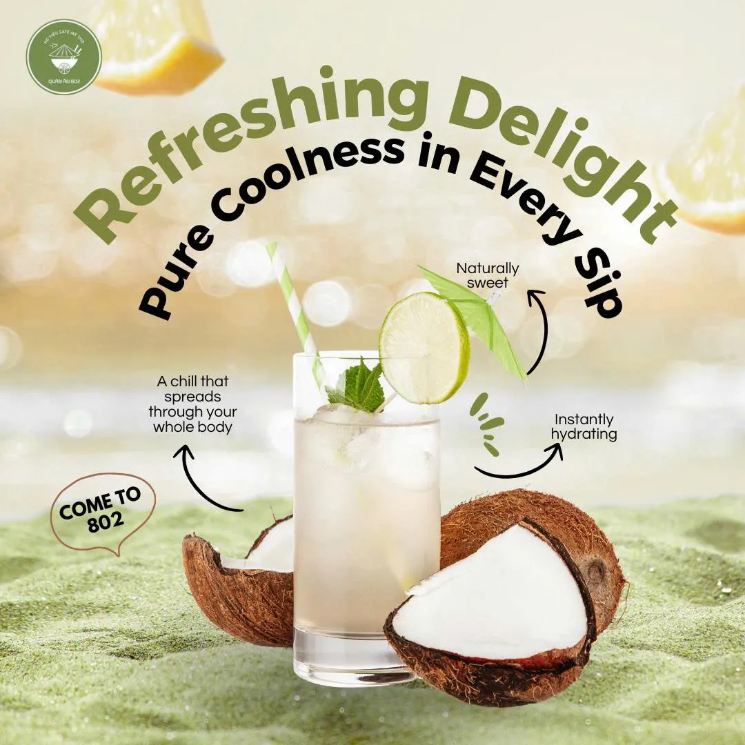 Social post — "Refreshing Delight / Pure Coolness in Every Sip" fresh coconut drink