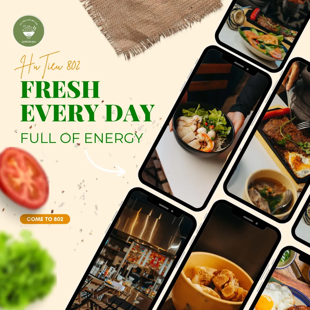 Social grid post — "Fresh Every Day, Full of Energy" with phone mockups showing food photography