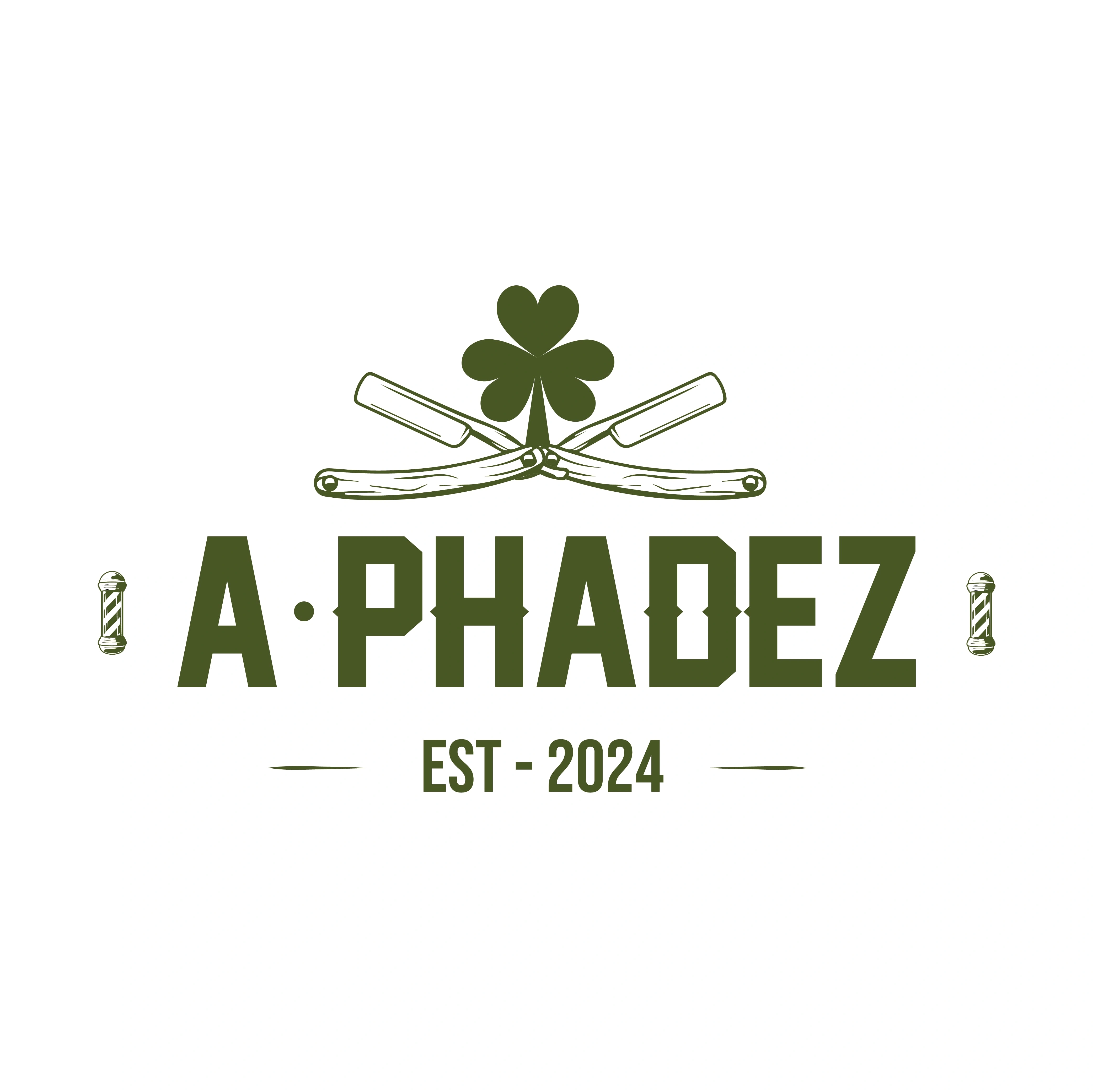 Vintage badge logo for A·Phadez Barber Est. 2024 — crossed razors and shamrock on white