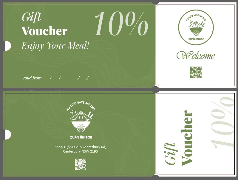 10% gift voucher card with logo and QR code in olive-green palette