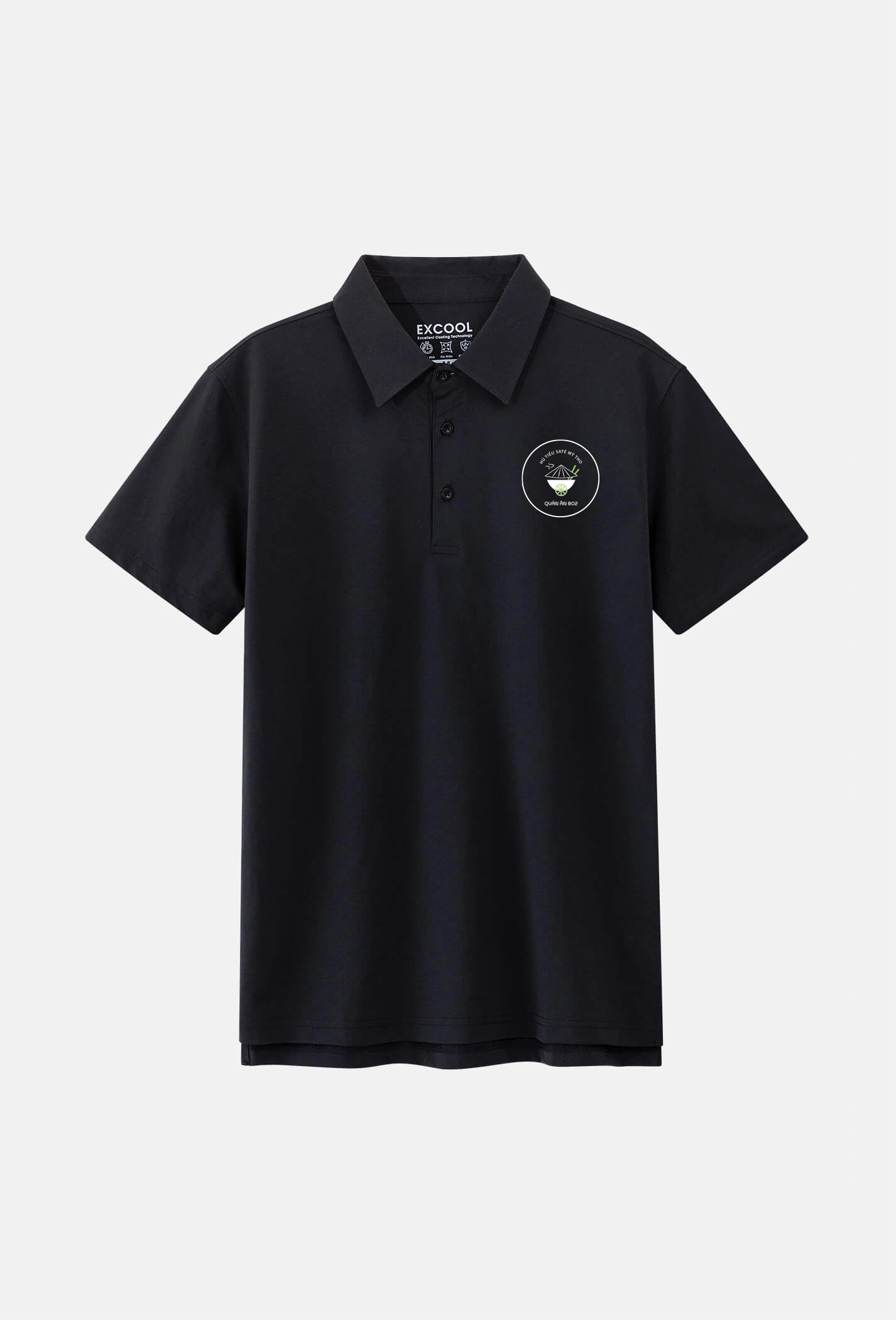 Staff uniform black polo shirt with embroidered Quán Ăn 802 chest logo