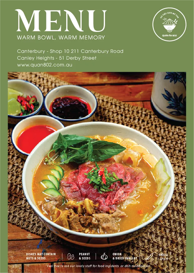 Menu cover design with olive green header "MENU / Warm Bowl, Warm Memory"